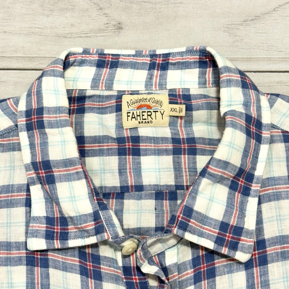 Faherty Shirt Mens XXL White Blue Red Plaid 100% Linen Long Sleeve Button Up